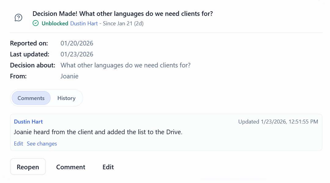 Screenshot placeholder: Blocker details with comments