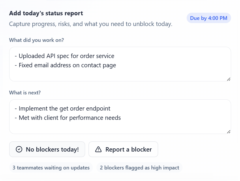 Screenshot placeholder: Daily status update form