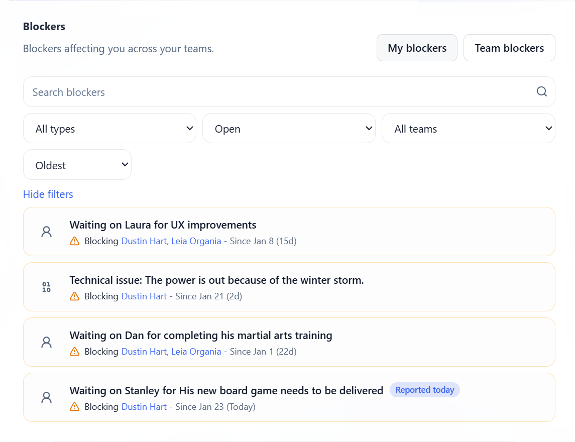 Screenshot placeholder: Team view with highlighted blockers